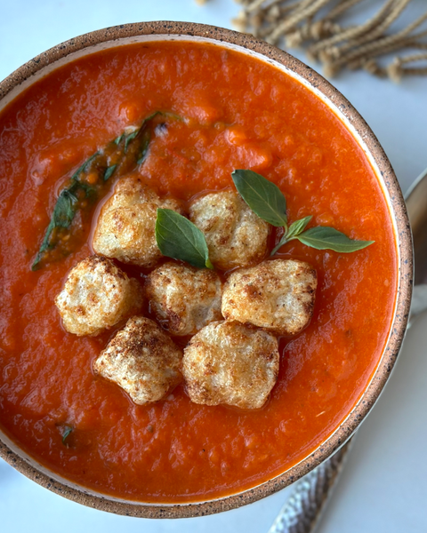 Roasted Bell Pepper Soup with Crispy Gnocchi