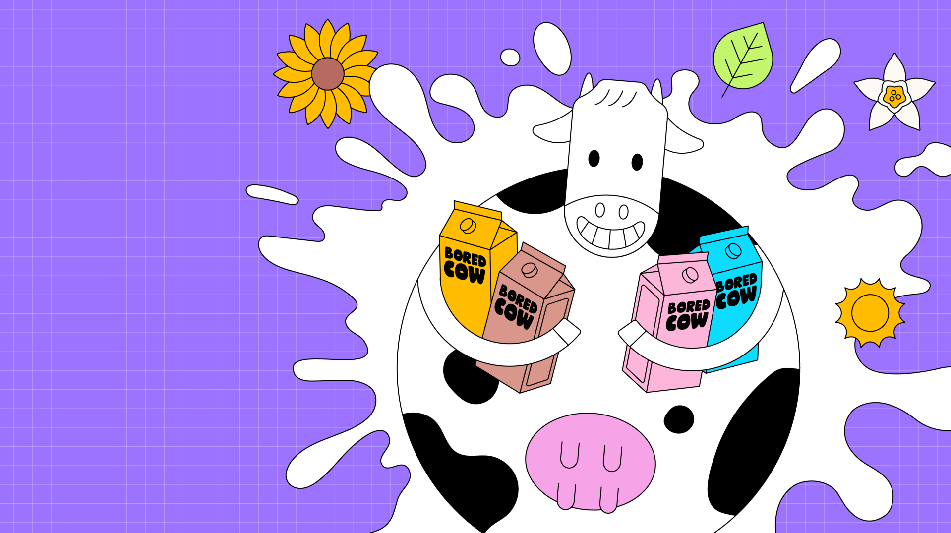 "A dairy cow is smiling and holding four cartons of Bored Cow animal-free dairy milk. She has a white milk splash behind her and a sunflower, leaf, vanilla flower and sun behind her. "