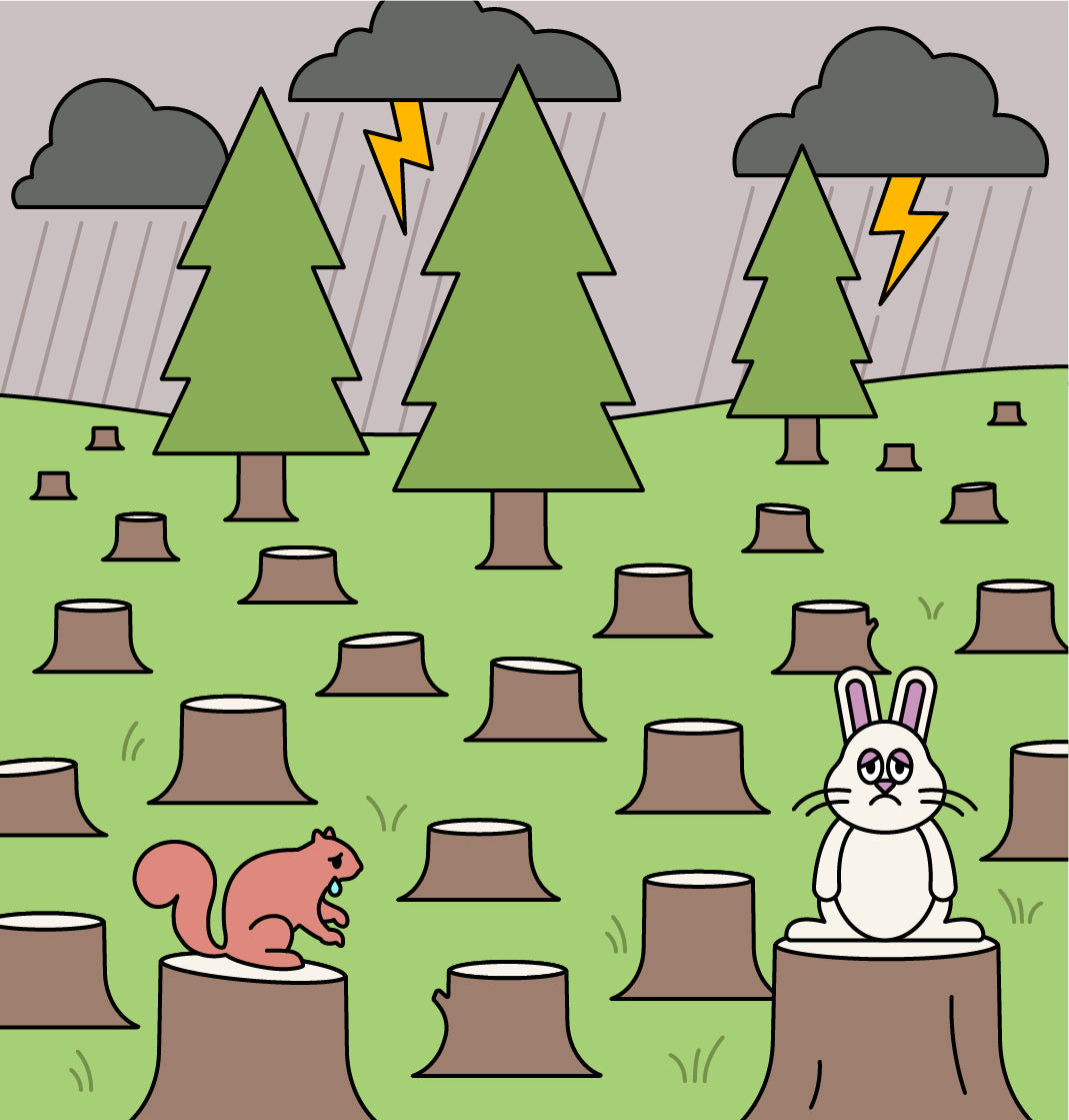 "A squirrel and bunny stand in a forest full of tree stumps and only a few remaining trees. There is a thunderstorm and rain. The bunny has sad, tired, eyes and a frown. The squirrel is crying. "