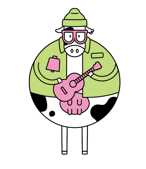 "illustrated cow in green sweater with matching beanie holding a ukelele"