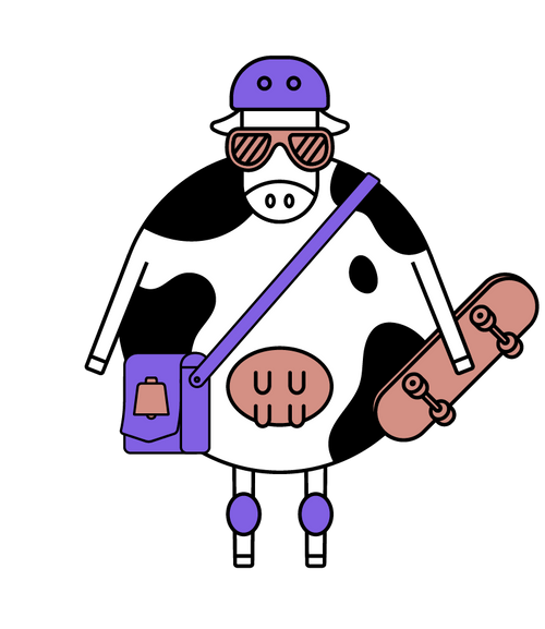 "illustraed cow wearing a purple helmet and kneepads, she is holding a skateboard"