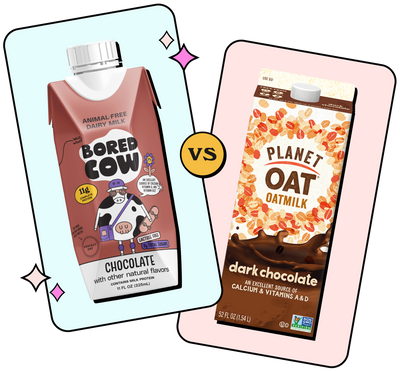 "carton of chocolate bored cow animal-free dairy milk on the left, with 'vs' in the middle and a carton of chocolate oat milk on the right"