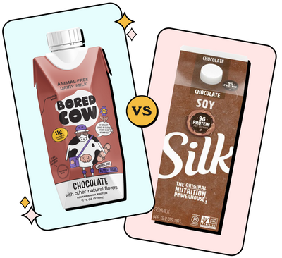 "carton of chocolate bored cow animal-free dairy milk on the left, with 'vs' in the middle and a carton of chocolate almond milk on the right"