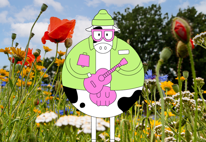 "illustration of a cow wearing a green sweater and matching beanie holding a ukelele looking content. She is standing in a field of colorful wild flowers"